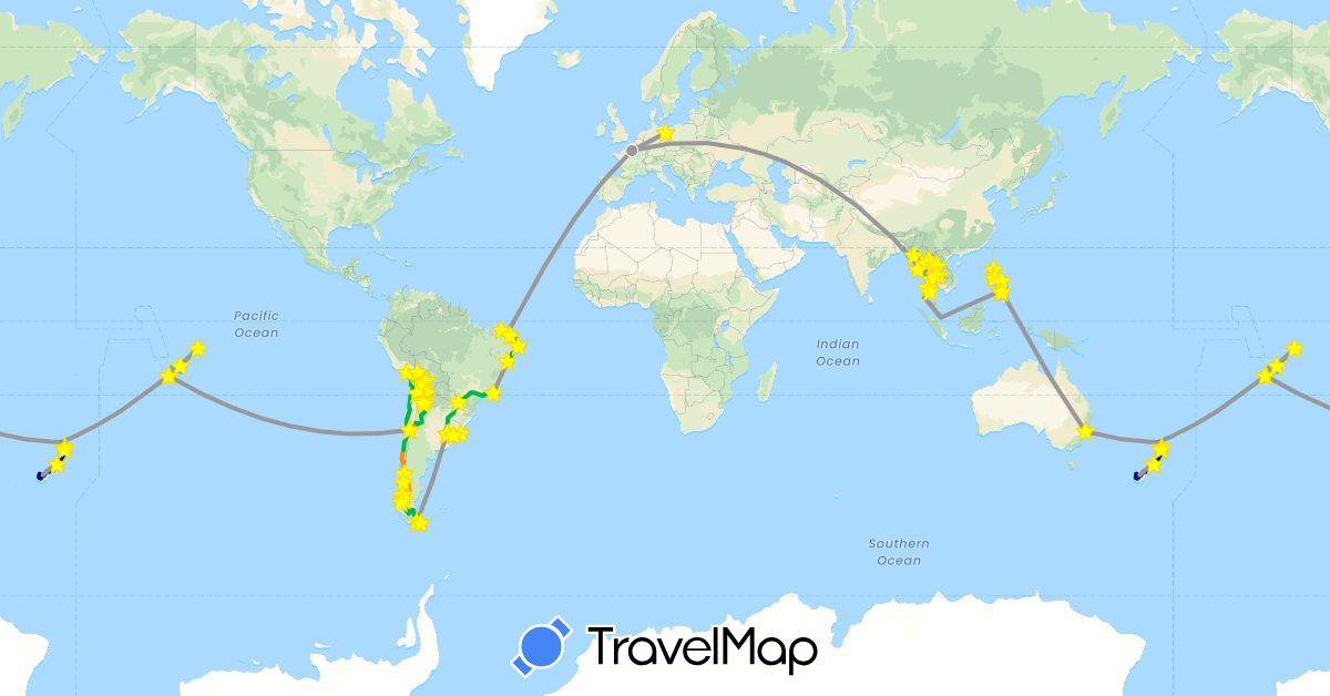 TravelMap itinerary: driving, bus, plane, train, boat, hitchhiking in Argentina, Australia, Bolivia, Brazil, Chile, Germany, France, Laos, Myanmar (Burma), New Zealand, French Polynesia, Philippines, Singapore, Thailand, Uruguay (Asia, Europe, Oceania, South America)